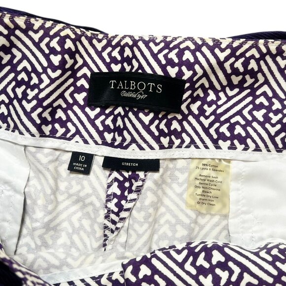 Talbots Pants Womens Size 10 Purple White Geometric Print with Belt Career Wear - Picture 3 of 4